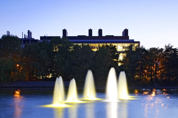 UCD lake at night looking across to the UCD Science Centre.
