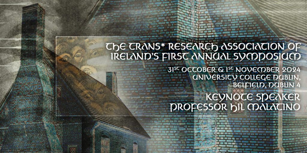 A banner with a gothic illustration of a cottage and an Irish gothic font giving the details of the conference (time, location, keynote).